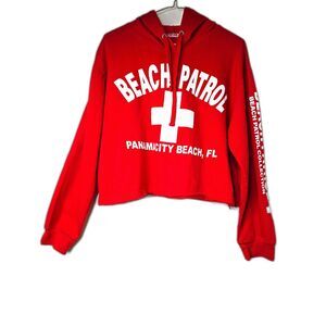 Cropped Hoodie Sweatshirt Beach Patrol Panama City Beach FL Red Medium Oversized